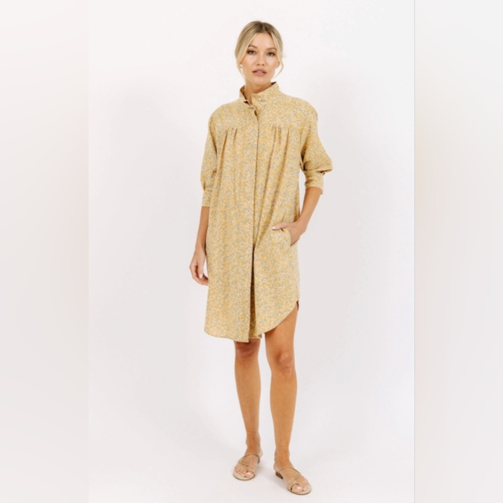 Yellow Floral Long Sleeve Shirt Dress